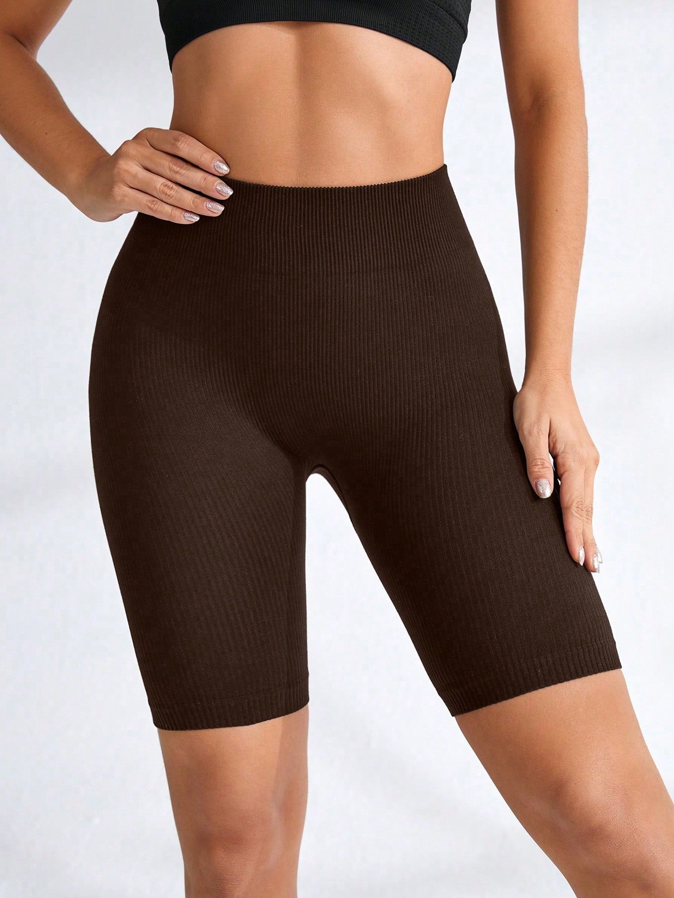Short Cintura Alta Canelado Sem Costura Estilo Fitness