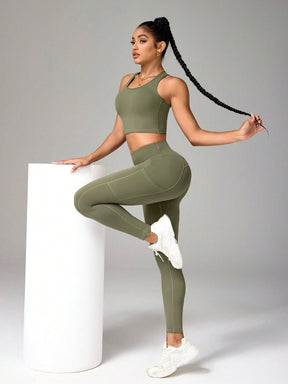 Conjunto Top Nadador E Legging Com Bolsos Cintura Alta