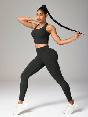 Conjunto Top Nadador E Legging Com Bolsos Cintura Alta