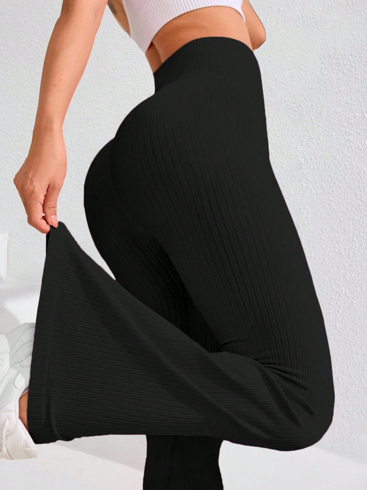 Legging Fitness Canelada Cintura Alta Com Barra Flare